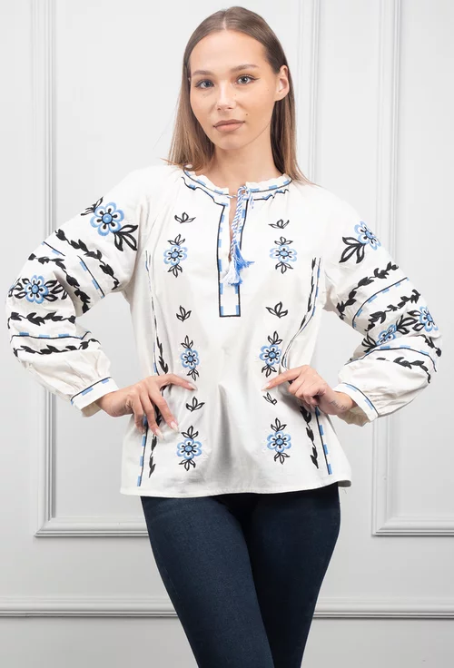 Bluza alba cu broderie neagra si bleu