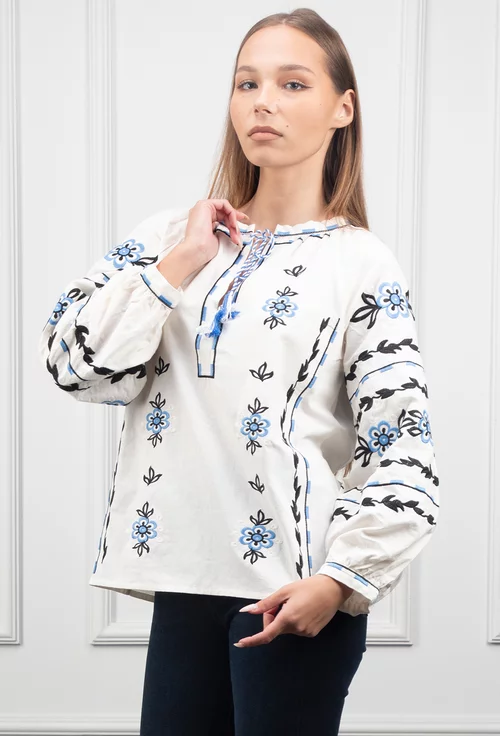 Bluza alba cu broderie neagra si bleu