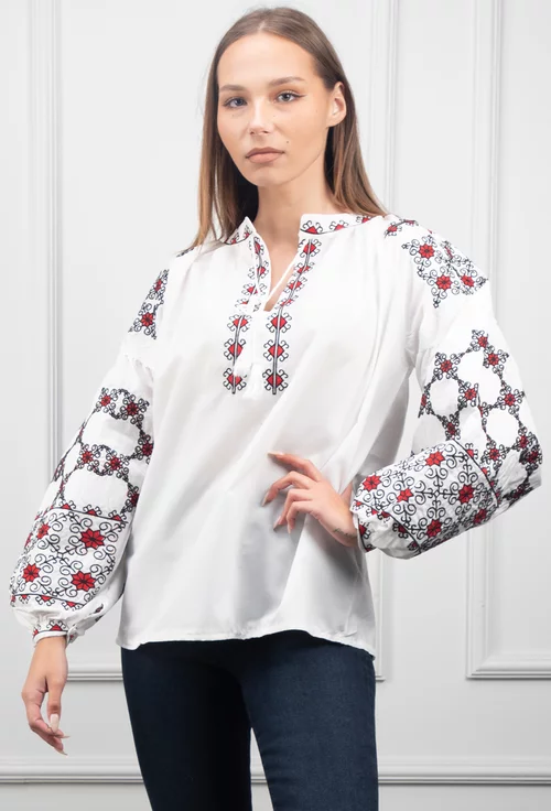 Bluza alba cu broderie rosie si neagra