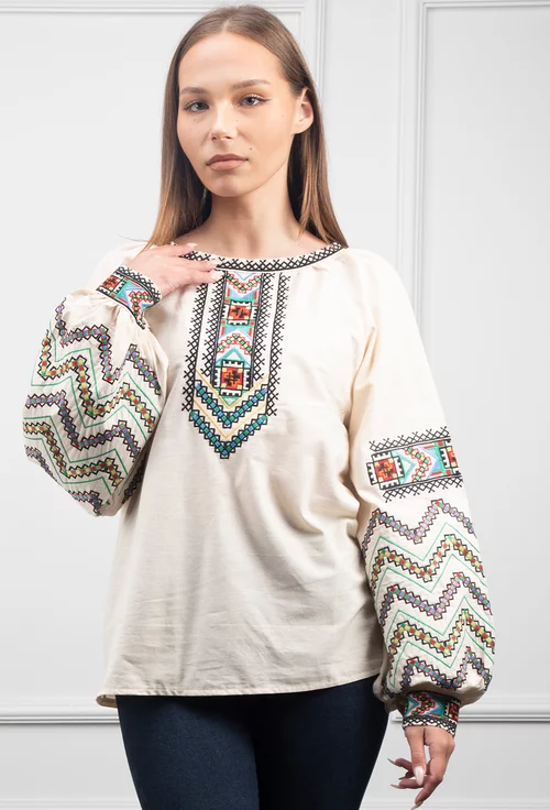 Bluza bej accesorizata cu broderie