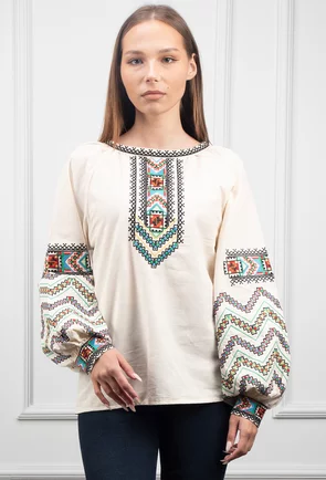 Bluza bej accesorizata cu broderie