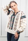 Bluza bej accesorizata cu detalii colorate