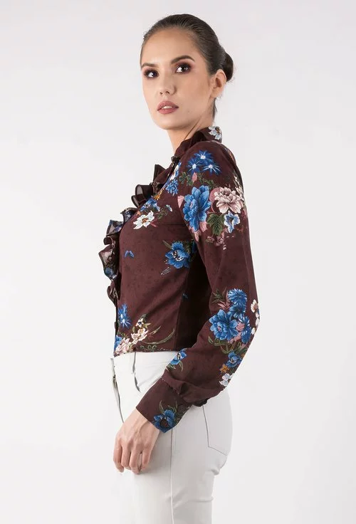 Bluza bordo cu volanase si imprimeu floral colorat Jessica
