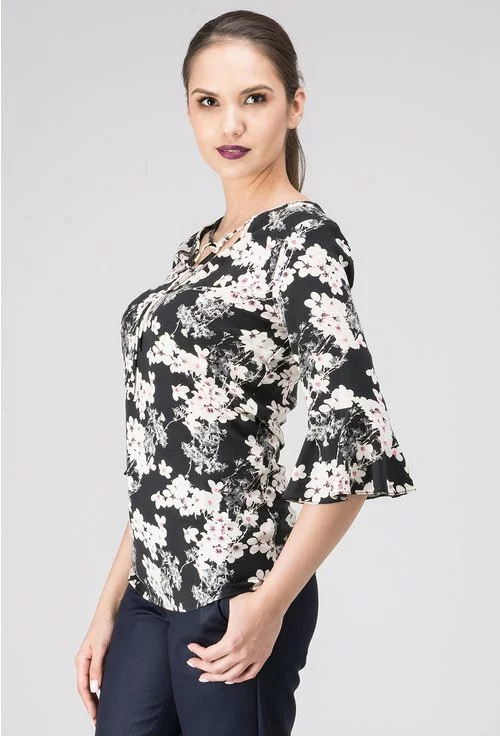 Bluza din viscoza neagra cu model floral multicolor Queen