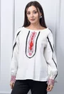 Bluza ecru stil ie cu detalii negre si rosii