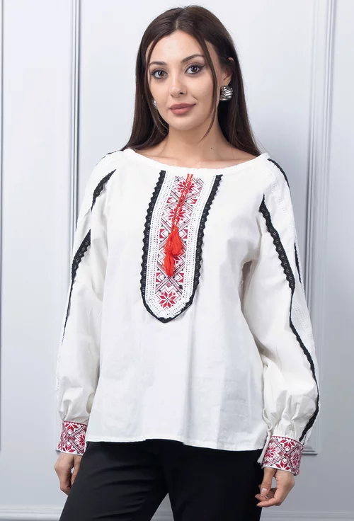 Bluza ecru stil ie cu detalii negre si rosii