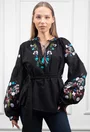 Bluza neagra cu broderie si cordon in talie