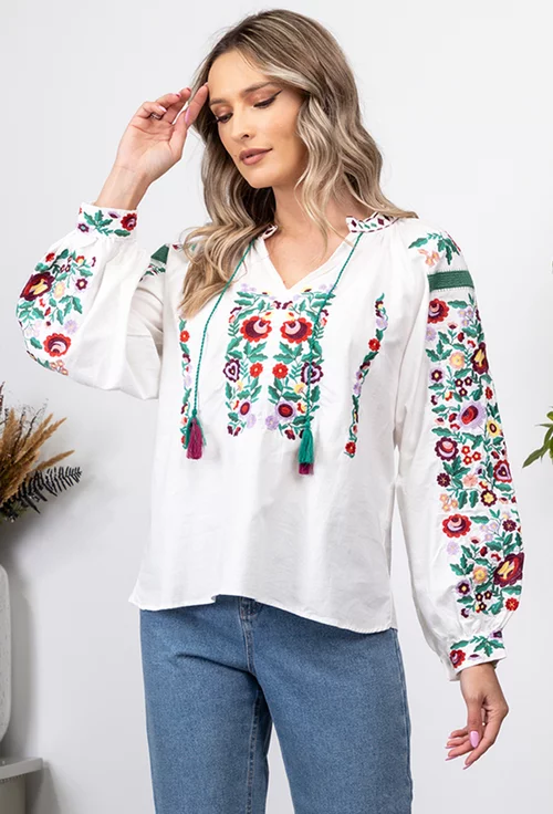 Bluza stil ie alba cu broderie florala