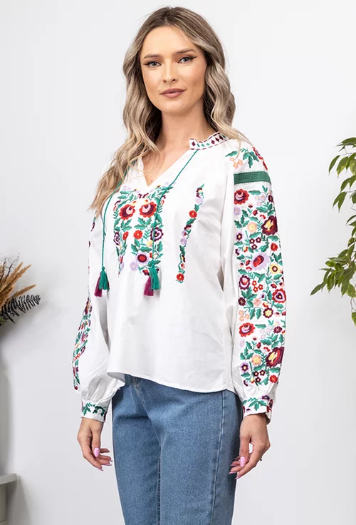 Bluza stil ie alba cu broderie florala