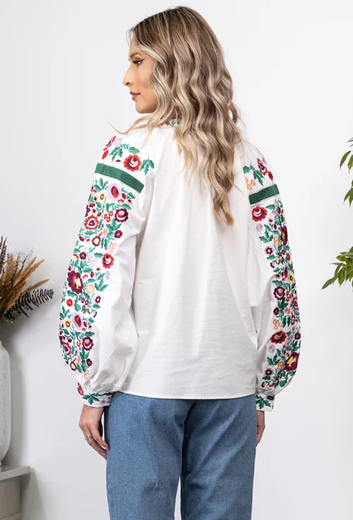 Bluza stil ie alba cu broderie florala