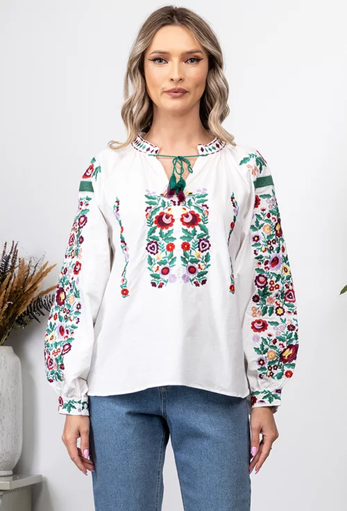 Bluza stil ie alba cu broderie florala