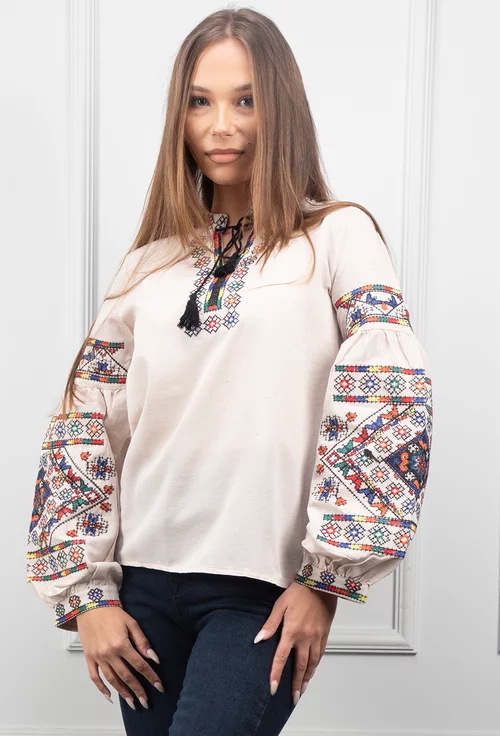 Bluza stil ie cu maneci bufante si broderie