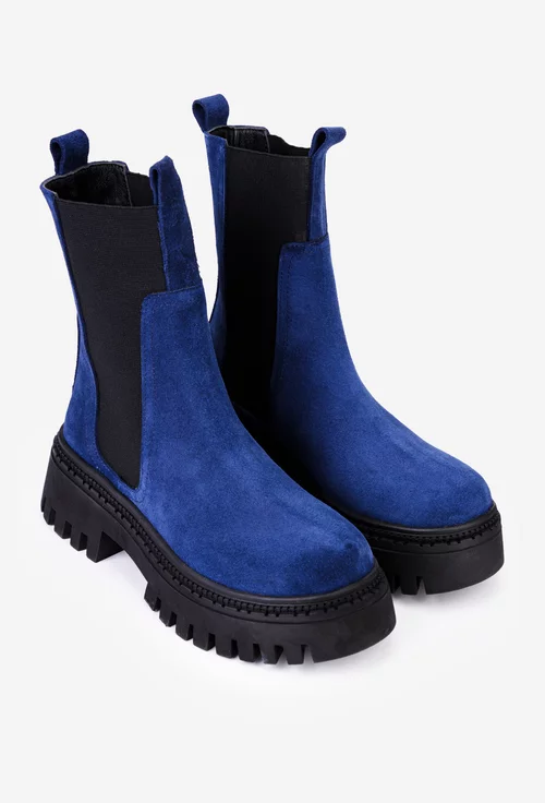 Botine dama albastre din piele intoarsa cu elastic negru