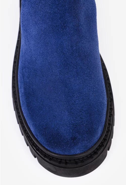 Botine dama albastre din piele intoarsa cu elastic negru