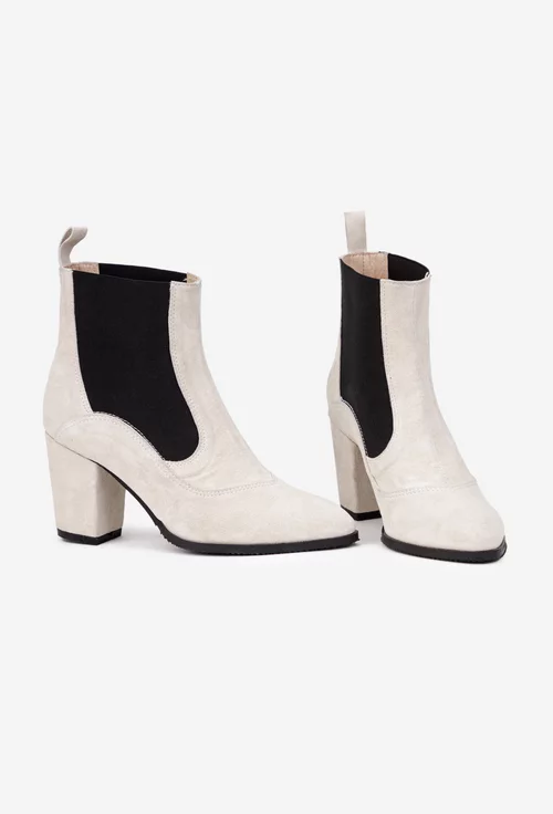 Botine dama bej deschis din piele intoarsa cu elastic in laterale