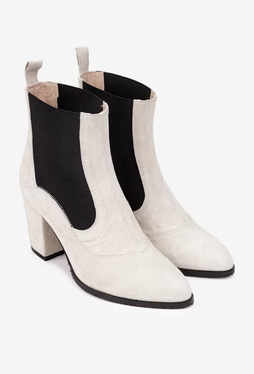 Botine dama bej deschis din piele intoarsa cu elastic in laterale