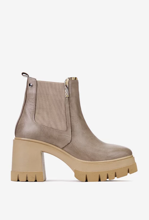 Botine dama bej din piele cu elastic in lateral