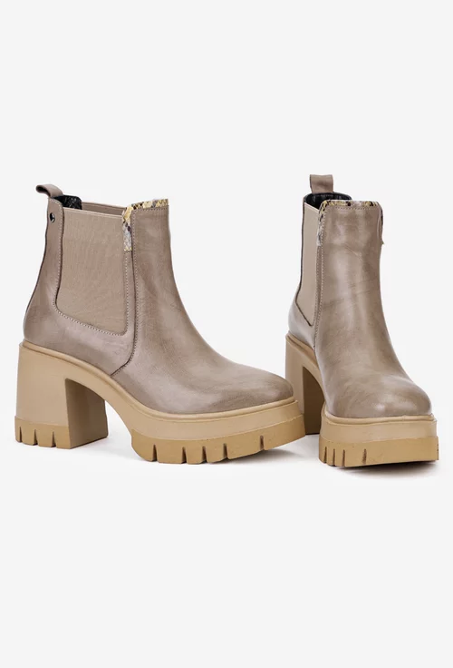 Botine dama bej din piele cu elastic in lateral