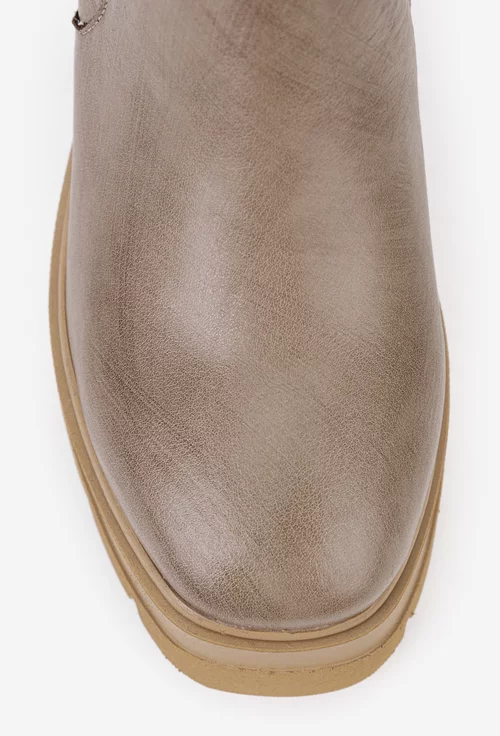Botine dama bej din piele cu elastic in lateral