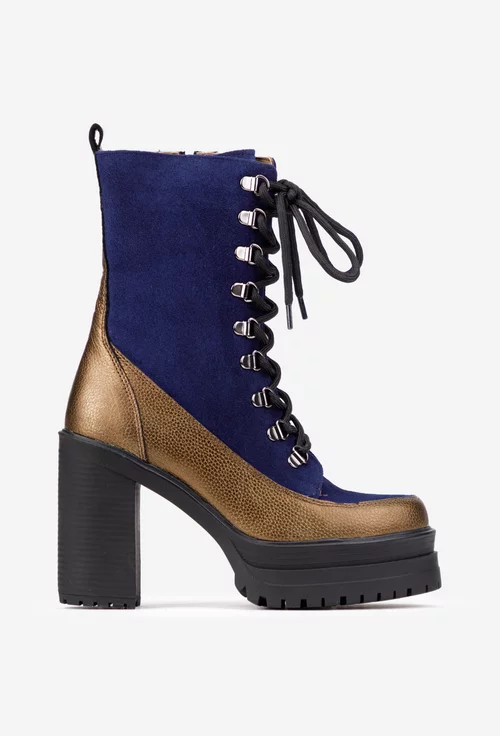 Botine dama bleumarin cu bronz din piele cu toc inalt