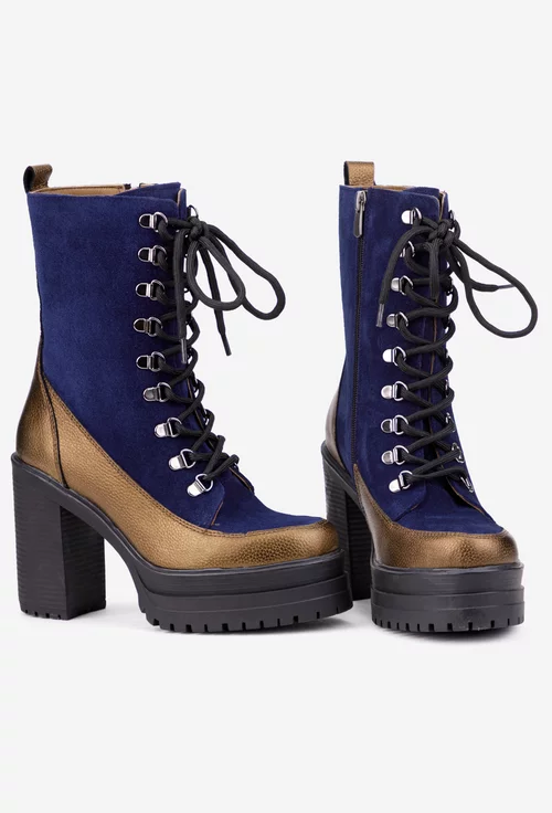 Botine dama bleumarin cu bronz din piele cu toc inalt