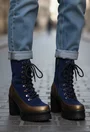 Botine dama bleumarin cu bronz din piele cu toc inalt