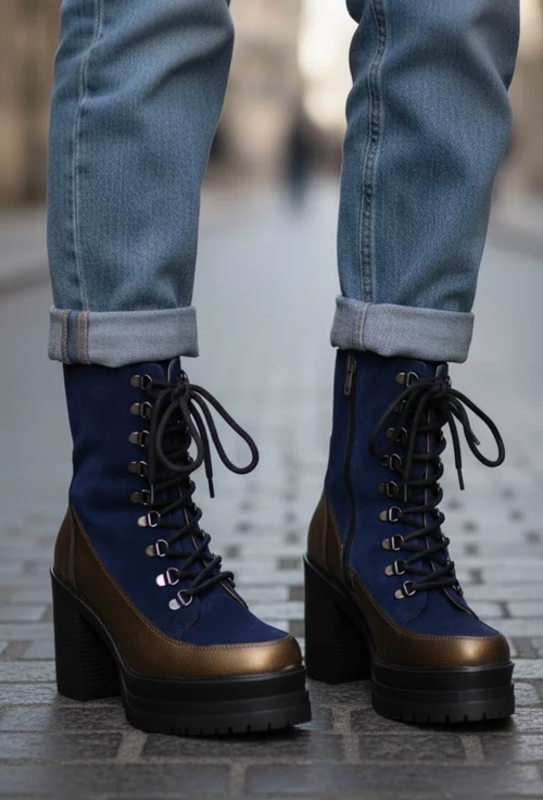 Botine dama bleumarin cu bronz din piele cu toc inalt