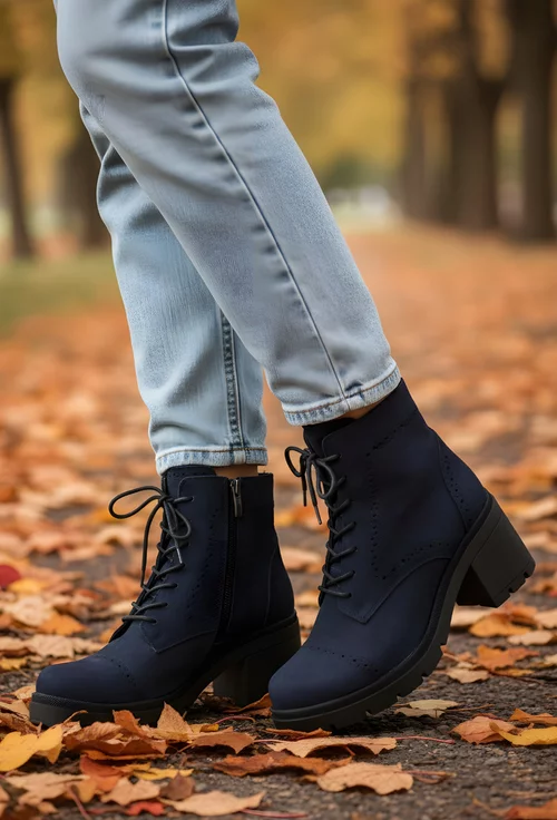 Botine dama bleumarin din piele nabuc