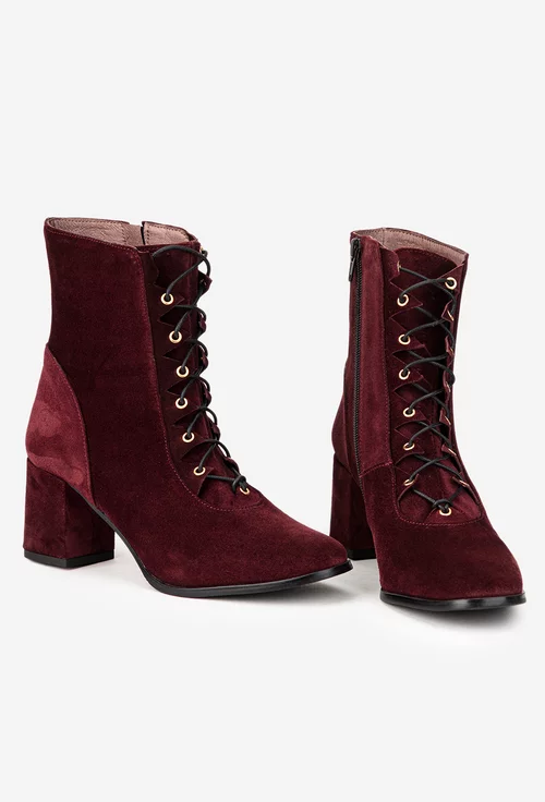 Botine dama bordo din piele intoarsa cu toc picture - 6