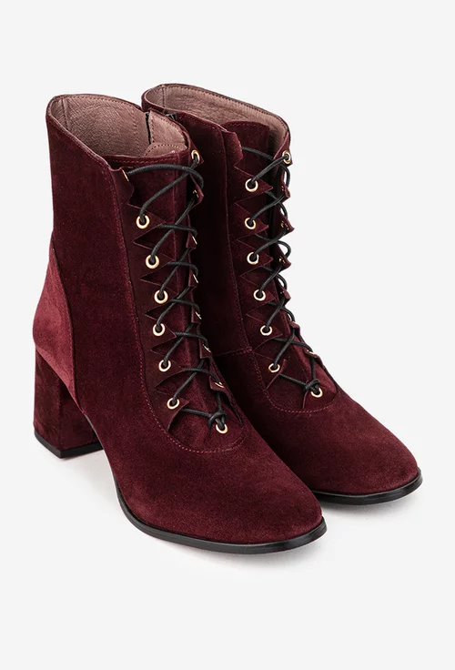 Botine dama bordo din piele intoarsa cu toc picture - 2