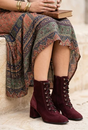 Botine dama bordo din piele intoarsa cu toc