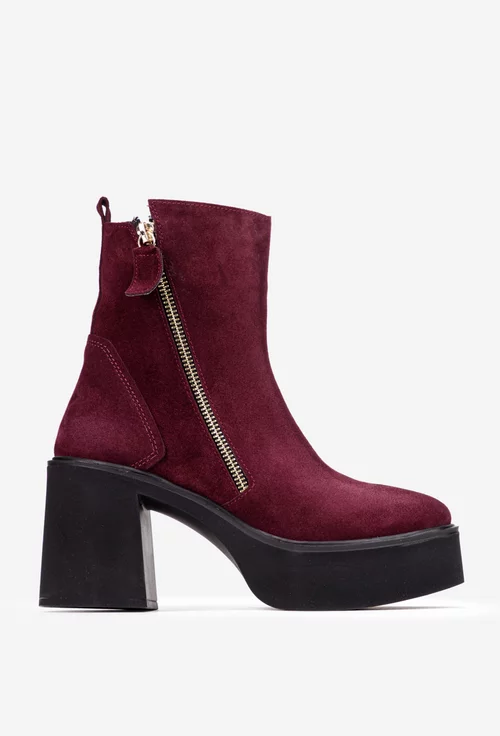 Botine dama burgundy din piele intoarsa cu fermoar decorativ