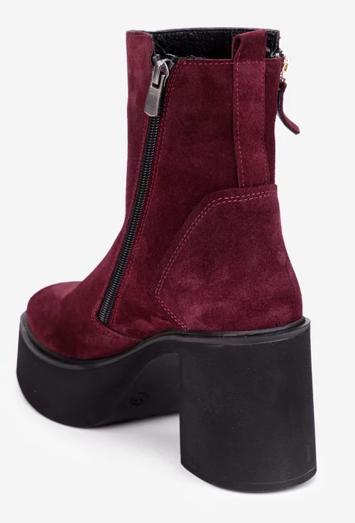 Botine dama burgundy din piele intoarsa cu fermoar decorativ