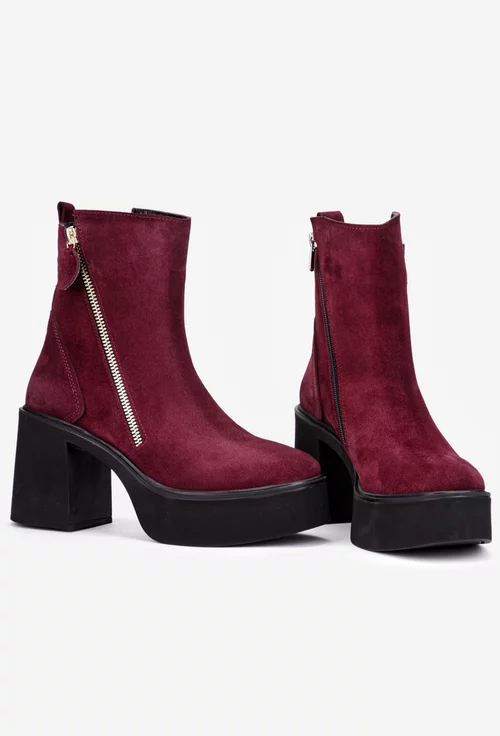 Botine dama burgundy din piele intoarsa cu fermoar decorativ