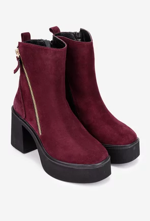 Botine dama burgundy din piele intoarsa cu fermoar decorativ