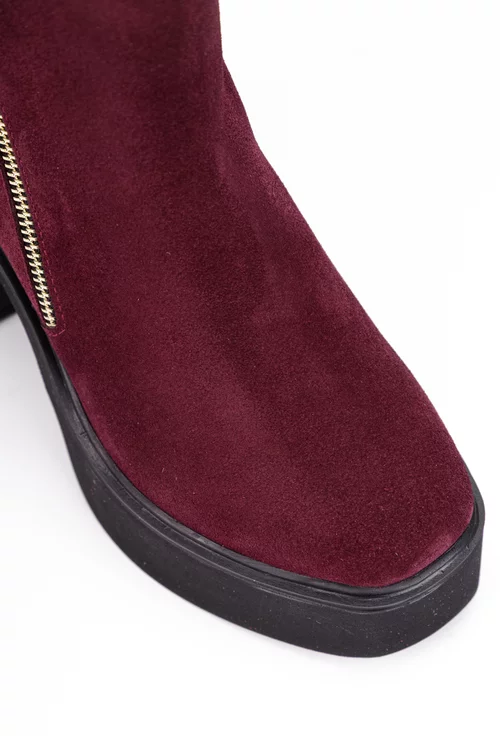 Botine dama burgundy din piele intoarsa cu fermoar decorativ