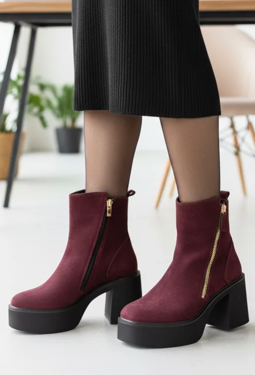 Botine dama burgundy din piele intoarsa cu fermoar decorativ picture - 8
