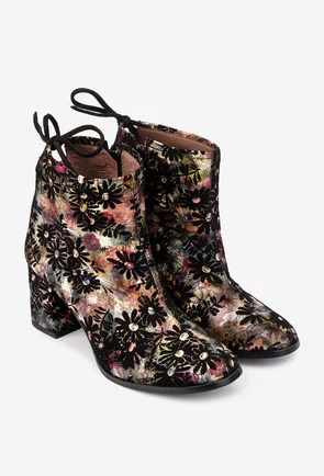 Botine dama din piele intoarsa neagra cu imprimeu multicolor