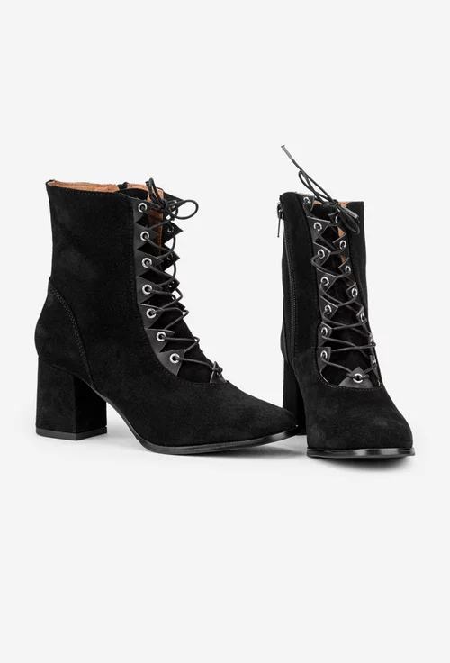 Botine dama din piele intoarsa neagra cu toc