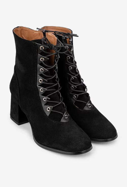 Botine dama din piele intoarsa neagra cu toc