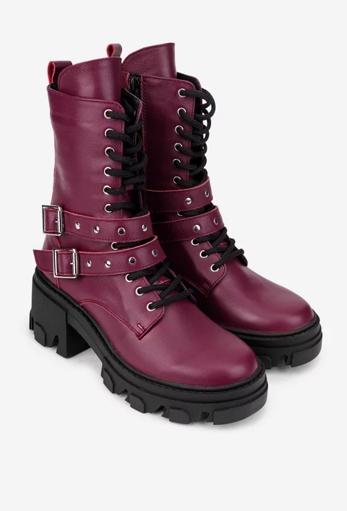Botine dama din piele naturala bordo accesorizate