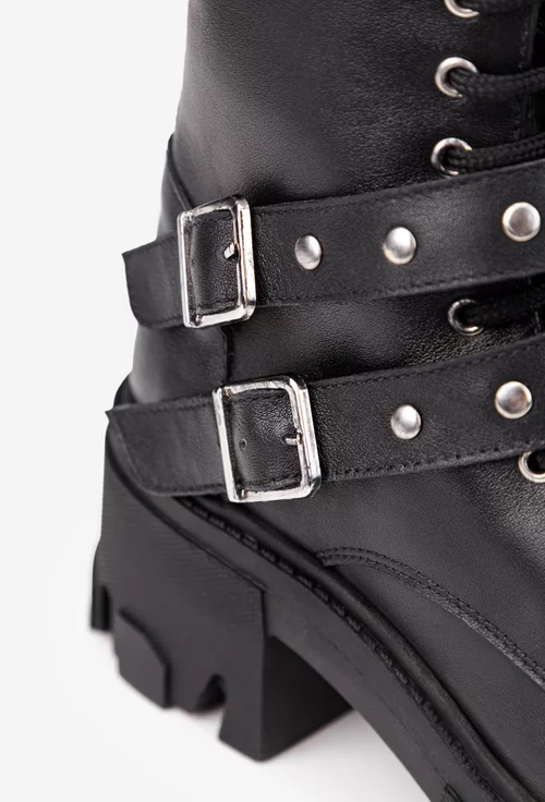 Botine dama din piele naturala neagra accesorizate