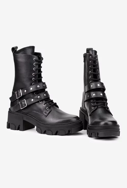 Botine dama din piele naturala neagra accesorizate