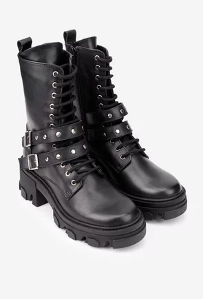 Botine dama din piele naturala neagra accesorizate