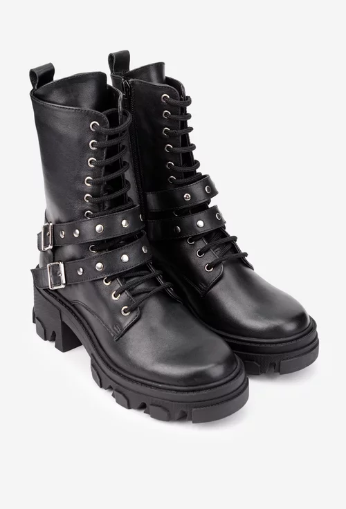 Botine dama din piele naturala neagra accesorizate