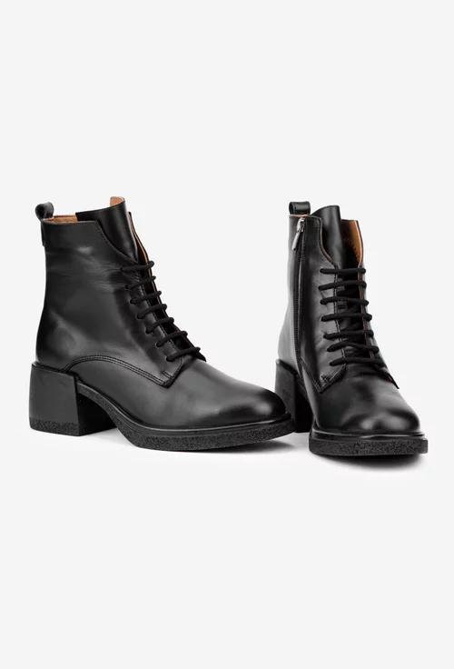 Botine dama din piele naturala neagra cu siret si fermoar