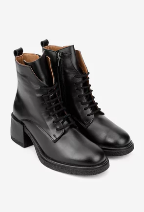 Botine dama din piele naturala neagra cu siret si fermoar