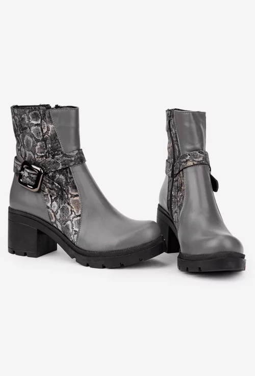 Botine dama gri din piele naturala cu model