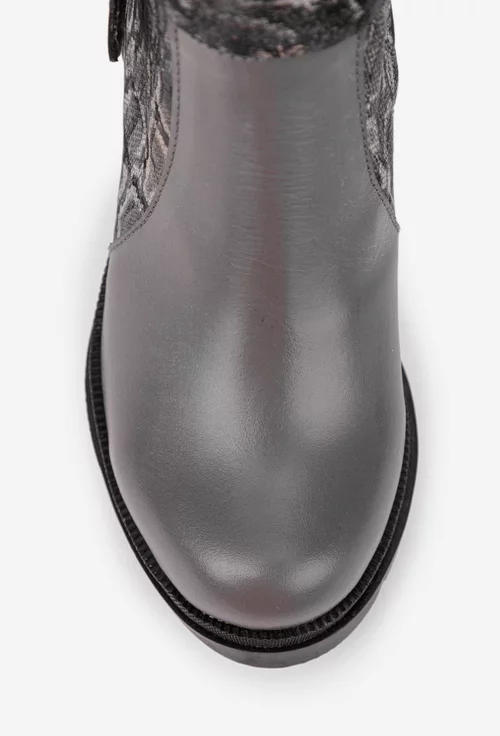 Botine dama gri din piele naturala cu model