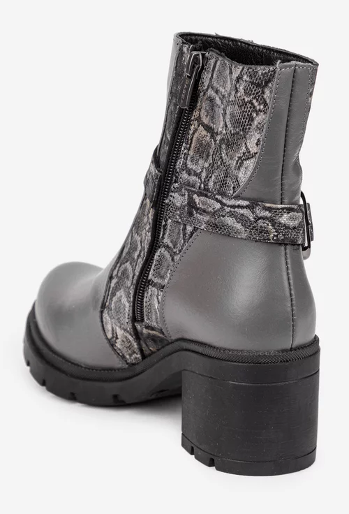 Botine dama gri din piele naturala cu model